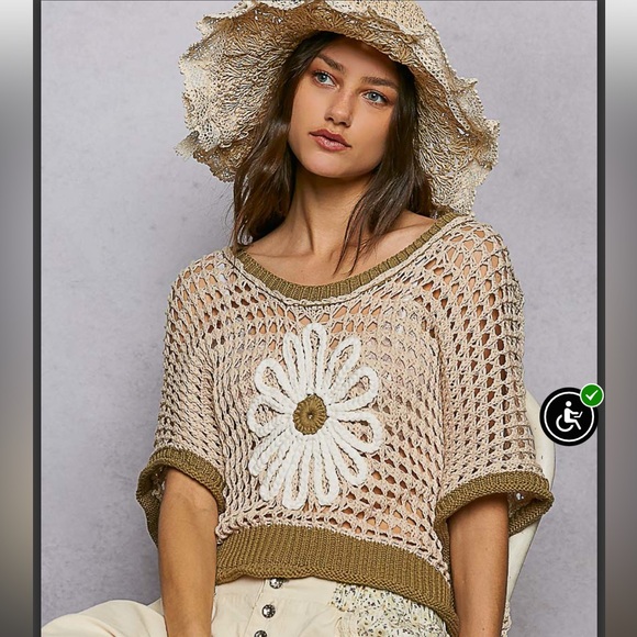 POL 🌼 Olive and Tan Cotton Blend Crochet Short Sleeve Floral Embroidered Top. - Picture 6 of 7